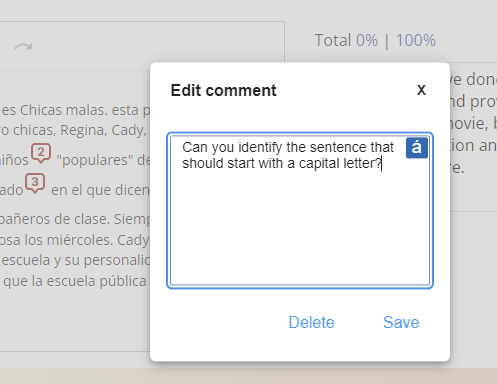 Screenshot of an Edit comment dialog displaying an AI-generated suggestion: “Can you identify the sentence that should start with a capital letter?” The instructor can modify the comment, then select Delete or Save.