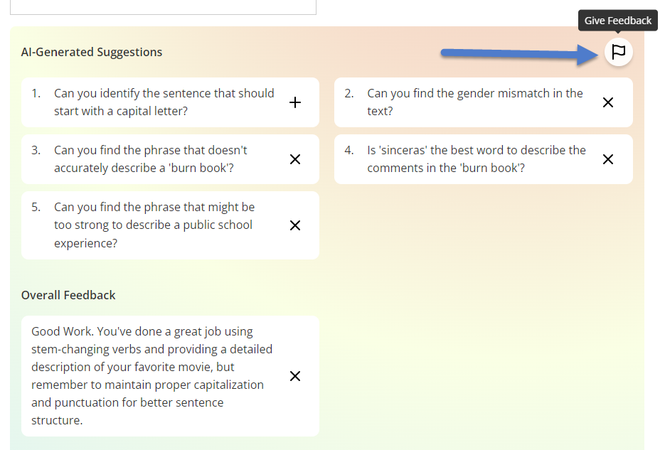 Screenshot of the AI-Generated Suggestions section showing five numbered feedback suggestions and an Overall Feedback comment. A blue arrow points to the Give Feedback flag icon, which instructors can use to provide feedback about the AI-generated suggestions.