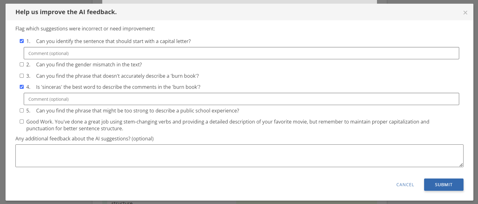 Screenshot of the Help us improve the AI feedback dialog, where instructors can flag AI-generated suggestions that are incorrect or need improvement. Selected suggestions include optional comment fields, and an additional feedback field is available before selecting Submit or Cancel.