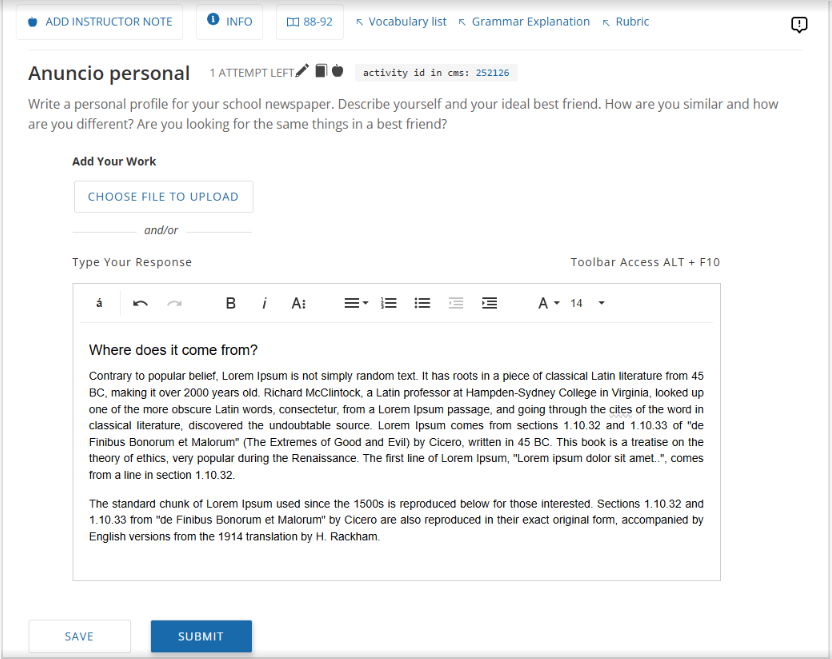 Screenshot of the “Anuncio personal” composition activity. The composition activity asks students to write a personal profile describing themselves and their ideal best friend, including similarities, differences, and shared interests. The “Add Your Work” section provides options to upload a file or type a response in a rich-text editor. Save and Submit buttons appear at the bottom.