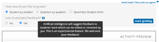 Screenshot of grading options with “Student by student” and “Yes” selected for AI-assisted feedback. A tooltip explains that artificial intelligence suggests editable feedback on student work and notes that the feature is experimental. A “start grading” button appears on the right.