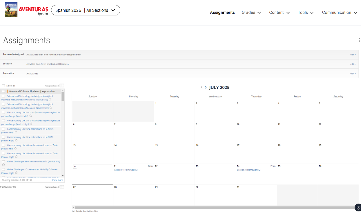 The “Assigning” page displays a calendar view that helps users quickly find and assign items. Users can search for previously assigned items or apply filters to narrow results by activity type, such as multiple choice, internet search, or recording questions.