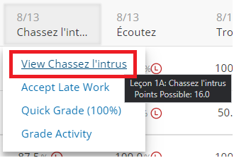 A screenshot shows a French lesson activity titled "Chassez l'intrus" with points, grades, and instructions visible.